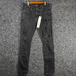 NWT Purple Brand Slim Fit Low Rise Distressed Black Jeans Mens 32 Ripped Denim